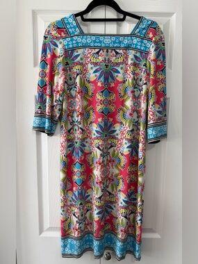 Sandra Darren Colorful Printed Dress Size 14 Boho Medallion 3/4 Sleeve
